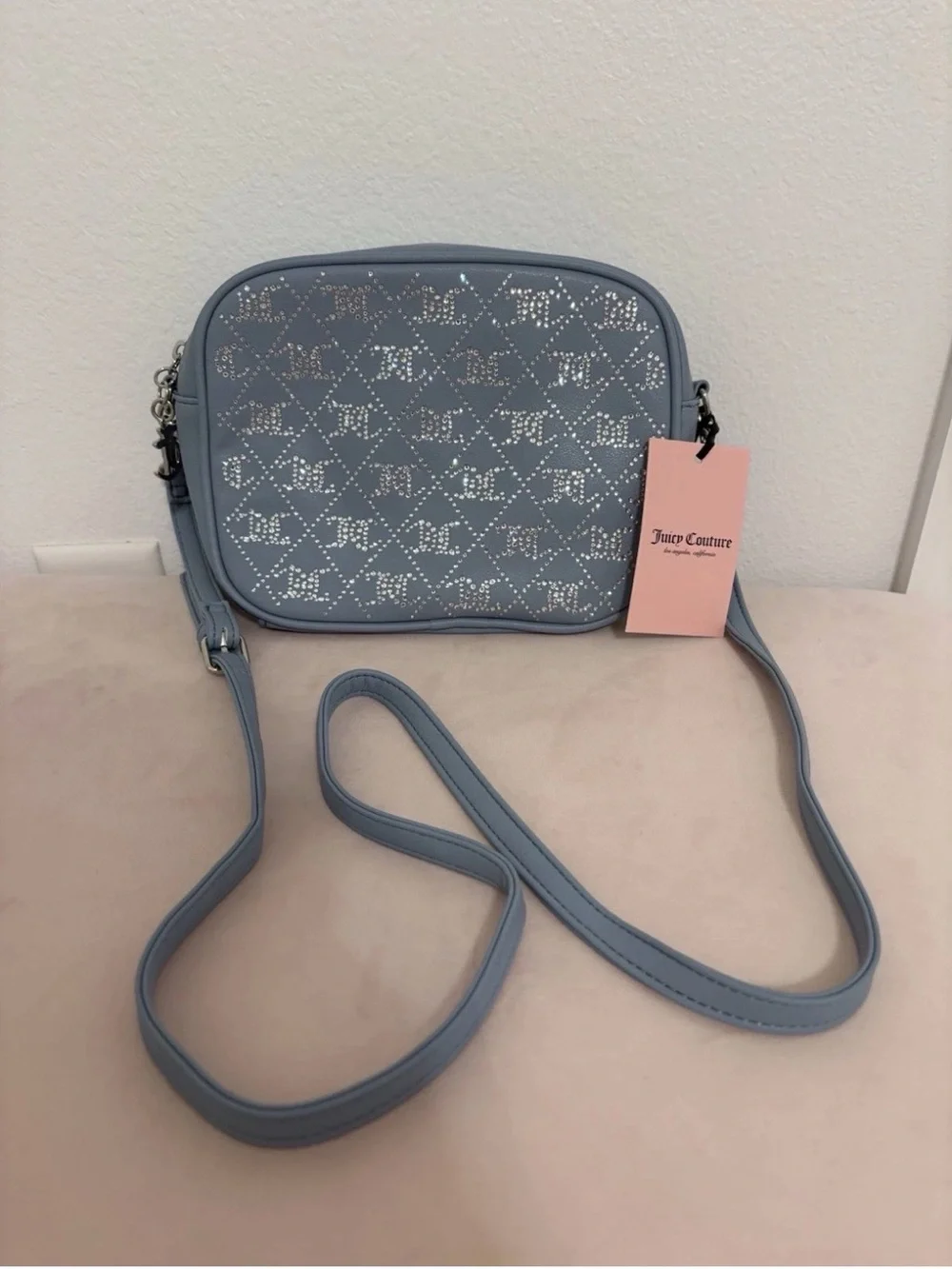 Juicy Couture Dusty Blue Crystal Crush Camera Crossbody (NWT).